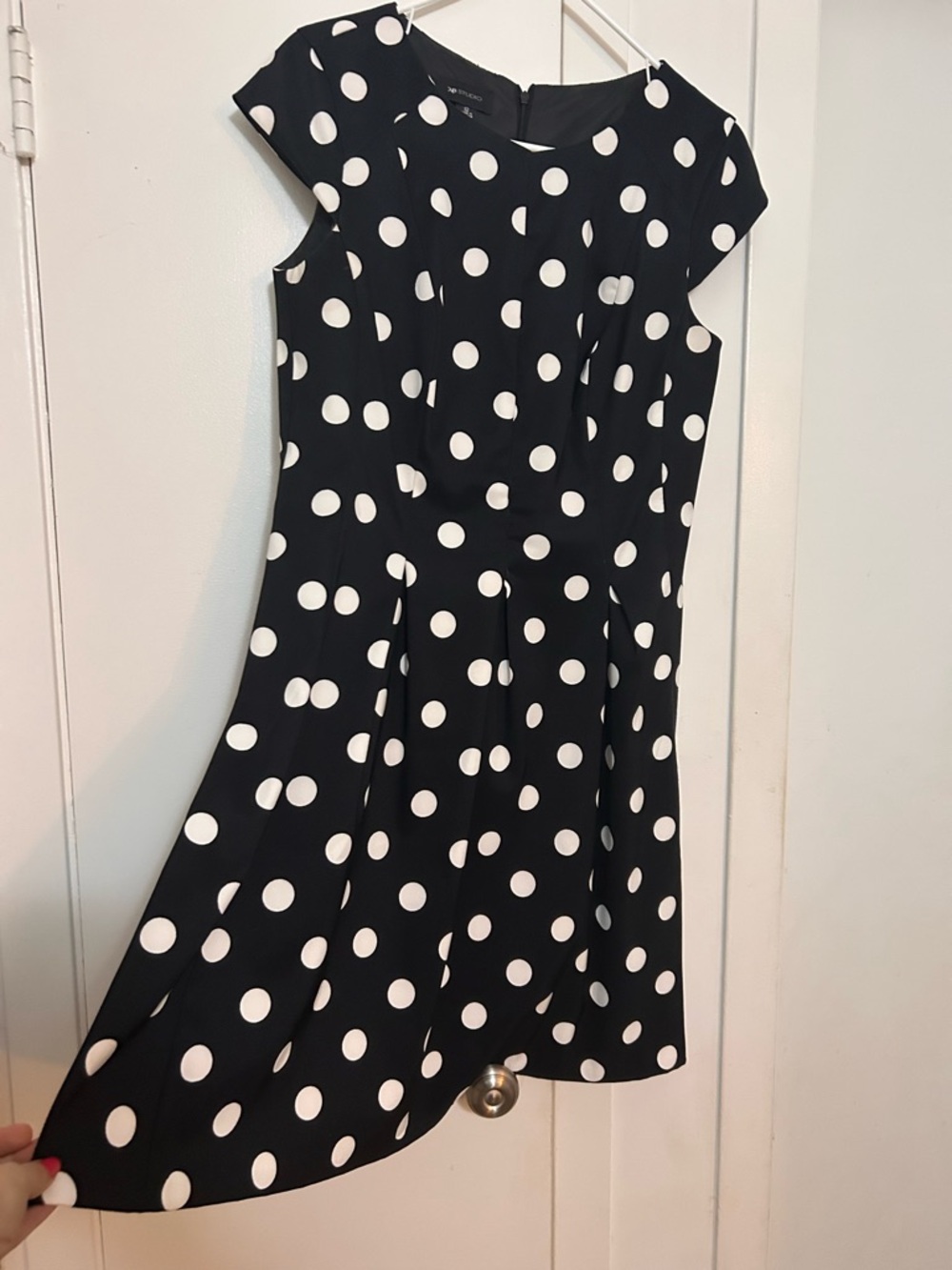 AB Studio Black and White Polka Dot Midi Dress A-line flare 12 cap sleeve